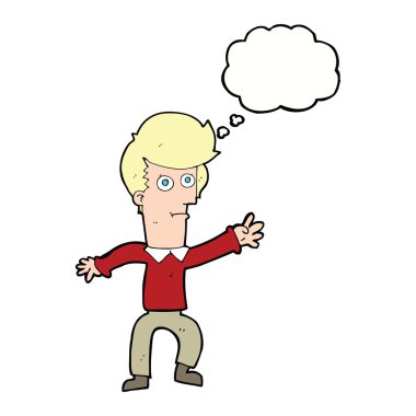 Düşünce baloncuğuyla el sallayan çizgi film adamı.
