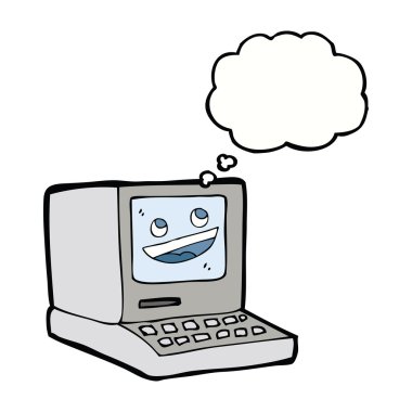 Düşünce baloncuklu eski bilgisayar