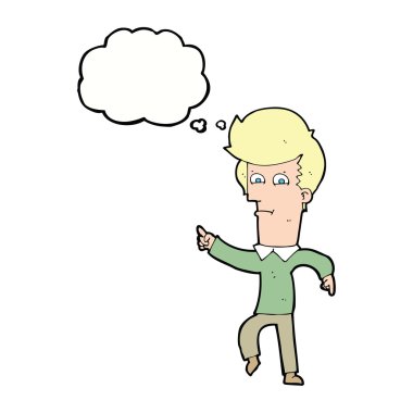 Çizgi film adamı düşünce balonunu işaret ediyor.