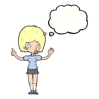 Çizgi filmdeki kadın düşüncelerini düşünce baloncuğuyla açıklıyor.