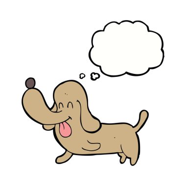 Düşünce baloncuklu mutlu bir köpek.