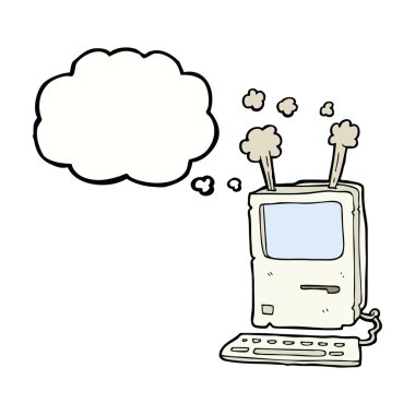 Düşünce baloncuklu eski bilgisayar