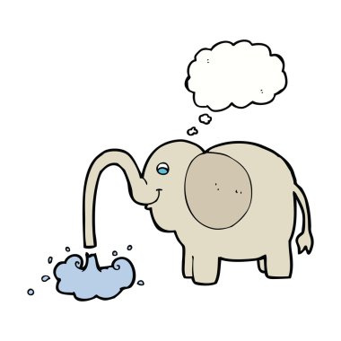 Düşünce kabarcığıyla su fışkırtan çizgi film fili.