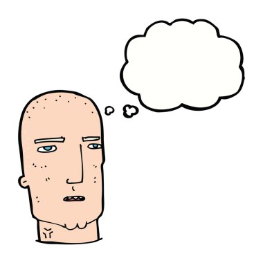 Düşünce baloncuğu olan kel, sert adam.