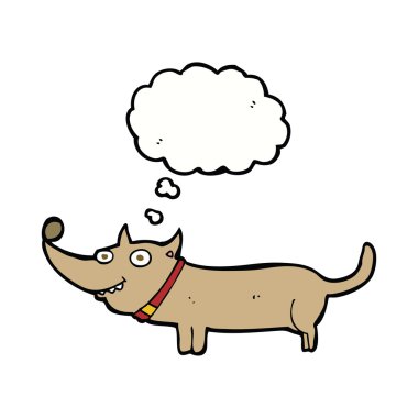 Düşünce baloncuklu mutlu bir köpek.
