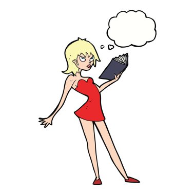 Düşünce baloncuklu çizgi film kadını kitap okuyor.