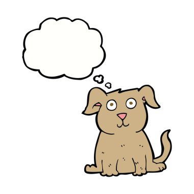 Düşünce baloncuklu mutlu bir köpek.