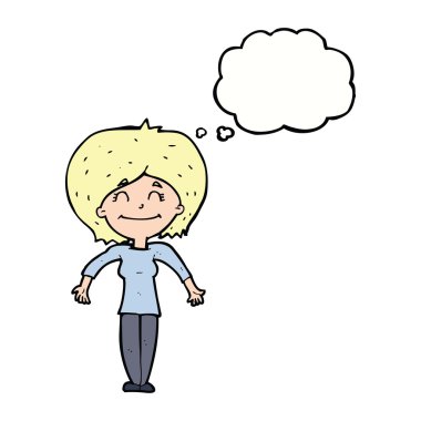 Çizgi filmdeki kadın düşünce balonuyla omuz silkiyor.
