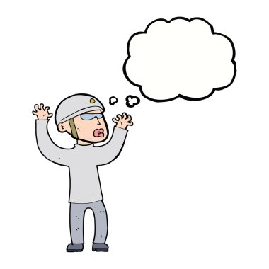 Karikatür güvenliği düşünce baloncuğuyla panikliyor.