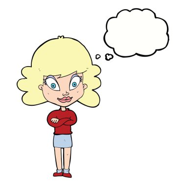 Düşünce baloncuğu ile kollarını kavuşturmuş mutlu kadın çizgi filmi.