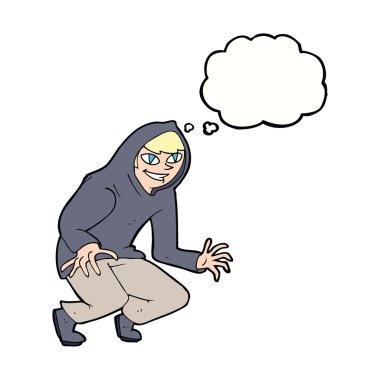 Düşünce baloncuklu kapüşonlu yaramaz çocuk.