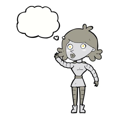 Düşünce baloncuğuyla el sallayan robot kadın