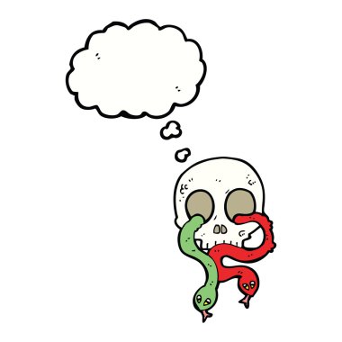 Düşünce balonlu yılanlı karikatür kafatası