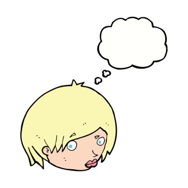 Düşünce kabarcığı olan kaşlarını kaldırmış kadın yüzü.