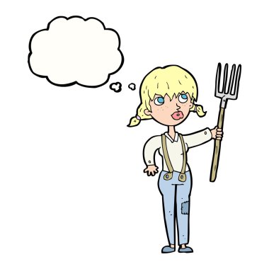 Düşünce baloncuklu çiftçi kız.