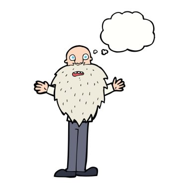 Düşünce baloncuğu olan sakallı yaşlı bir adam.