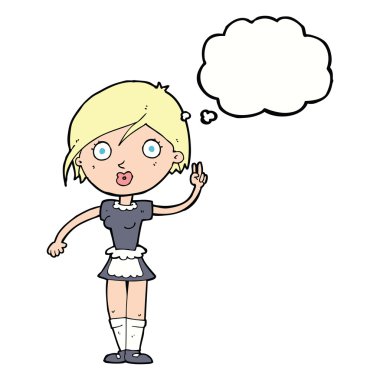 Çizgi film garsonu düşünce balonuyla el hareketi yapıyor.