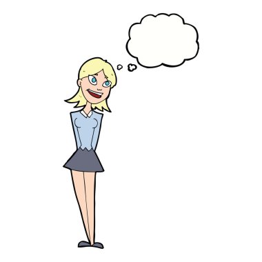 Düşünce baloncuğu olan mutlu çizgi film kadını