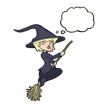 Düşünce baloncuklu süpürgeye binen cadı çizgi filmi.