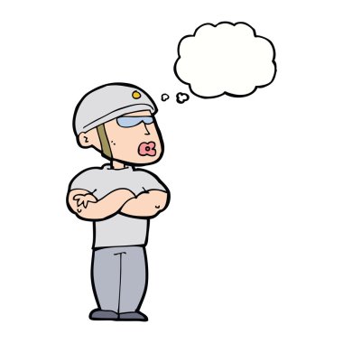 Düşünce baloncuğu olan çizgi film güvenlik görevlisi