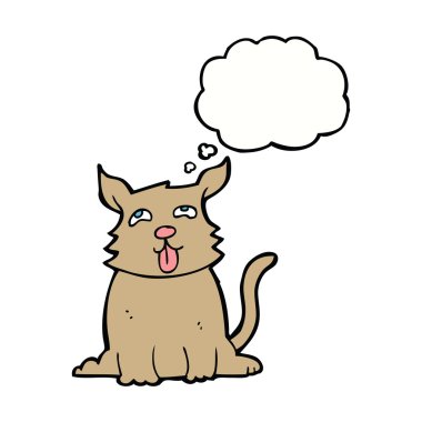 Düşünce baloncuklu mutlu bir köpek.