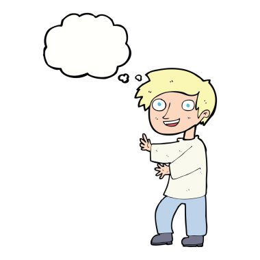 Düşünce baloncuğu olan heyecanlı çocuk.