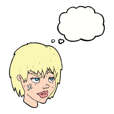 Düşünce baloncuğu yüzlü karikatür kadın.