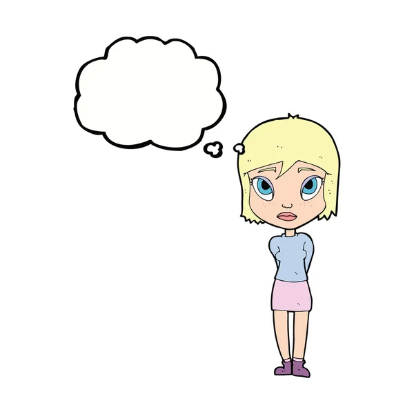 Cartoon verlegen meisje met gedachte zeepbel — Stockvector