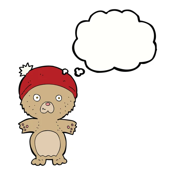 Cartoon cute teddy bear in hat with thought bubble — Stock Vector