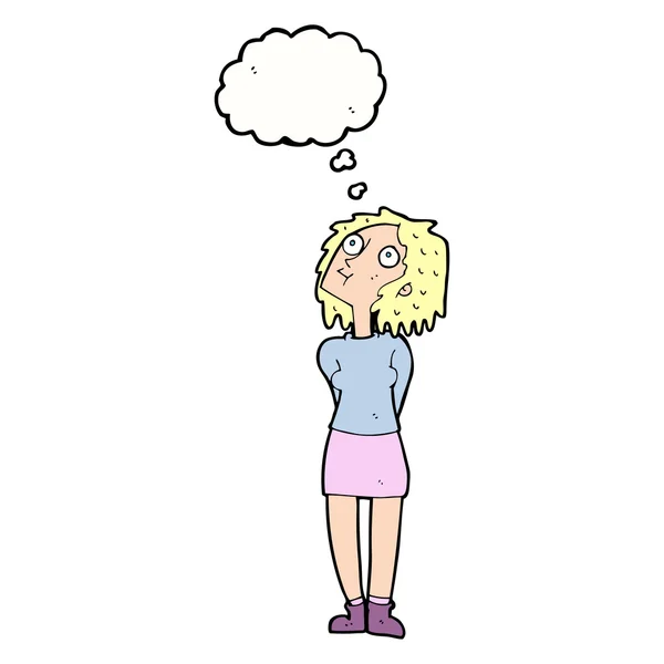 Cartoon nyfiken kvinna med tankebubbla — Stock vektor