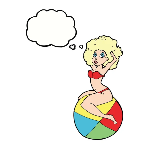 Cartoon pin up menina sentada na bola com bolha de pensamento — Vetor de Stock