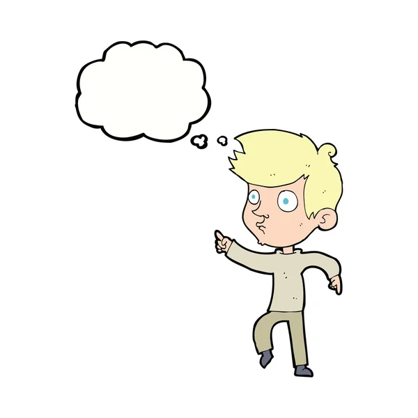Cartoon wijzende jongen met gedachte zeepbel — Stockvector