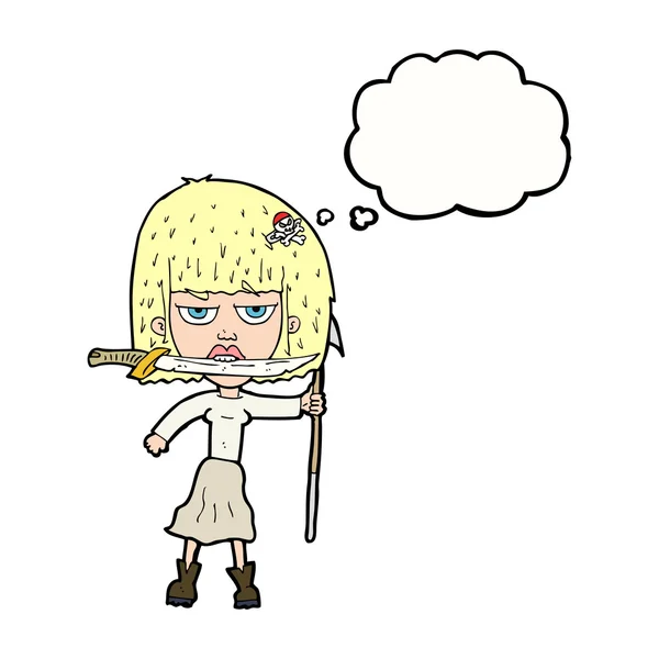 Donna cartone animato con coltello e arpione con bolla di pensiero — Vettoriale Stock