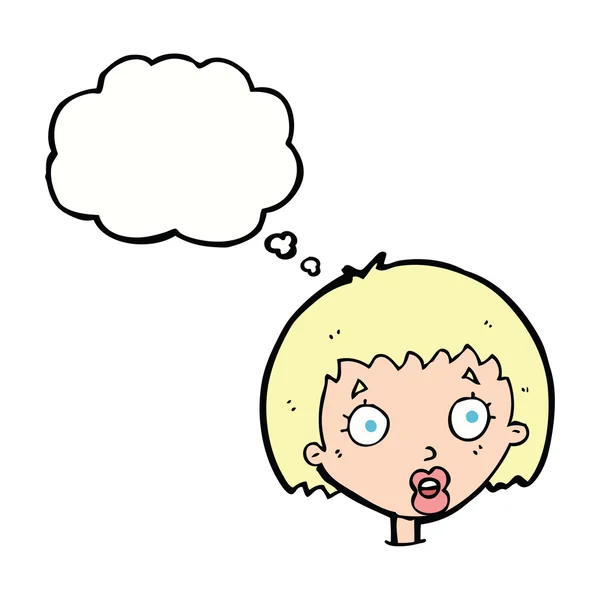 Cartone animato sorpreso volto femminile con bolla di pensiero — Vettoriale Stock