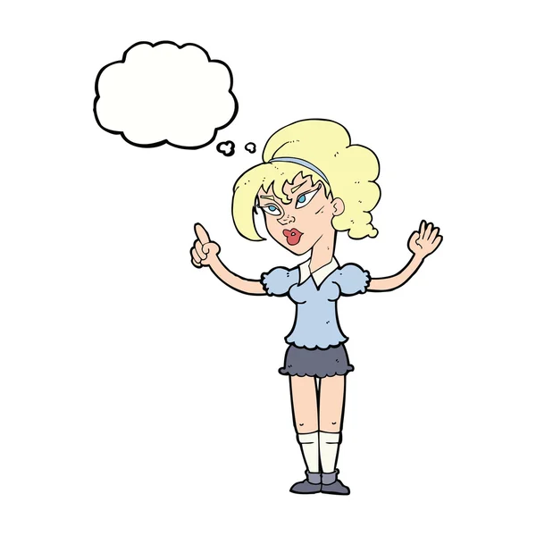 Cartoon vrouw met idee met gedachte zeepbel — Stockvector