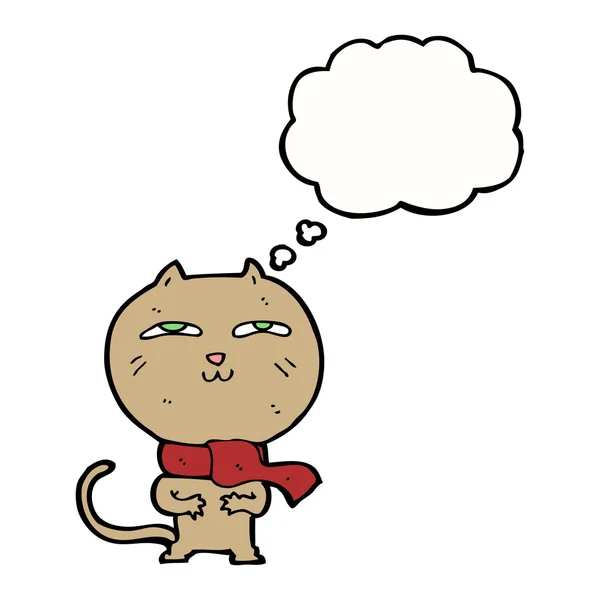 Fumetto divertente gatto indossa sciarpa con bolla di pensiero — Vettoriale Stock