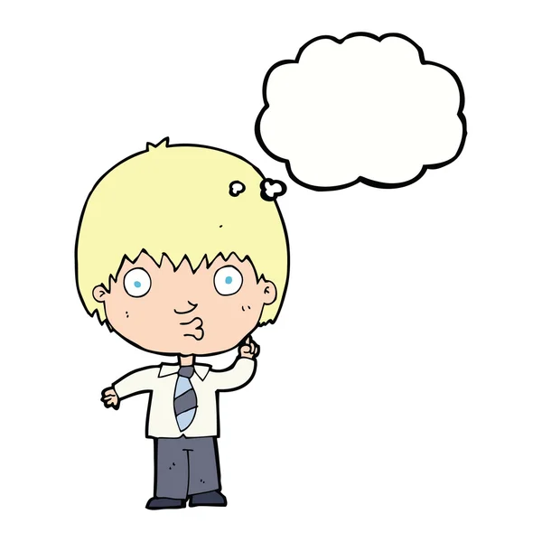 Cartoon menino da escola respondendo pergunta com bolha de pensamento —  Vetores de Stock