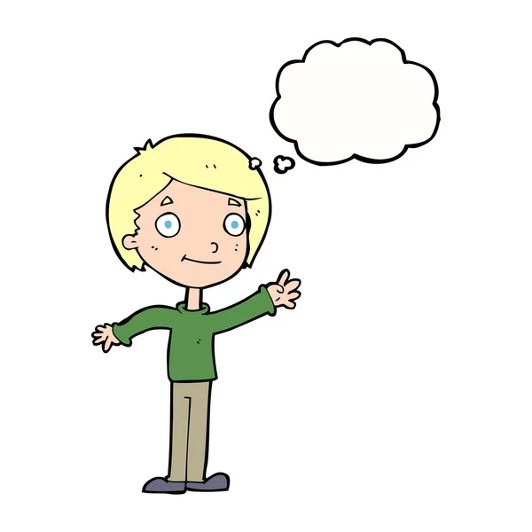 Cartone animato ragazzo felice con bolla di pensiero — Vettoriale Stock