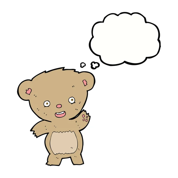 Urso de pelúcia acenando desenhos animados com bolha pensamento — Vetor de Stock