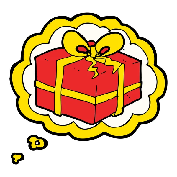 Cartoon christmas present with thought bubble — Stock Vector