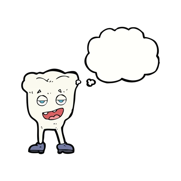 Cartoon tand kijken zelfvoldaan met gedachte zeepbel — Stockvector