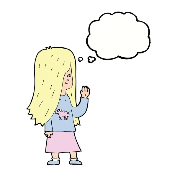 Chica de dibujos animados con camisa de pony ondeando con burbuja de pensamiento — Archivo Imágenes Vectoriales
