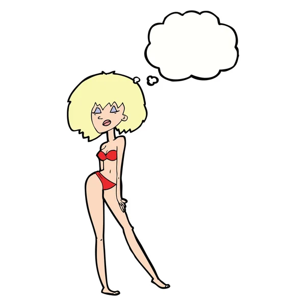 Cartoon vrouw in bikini met gedachte bubble — Stockvector