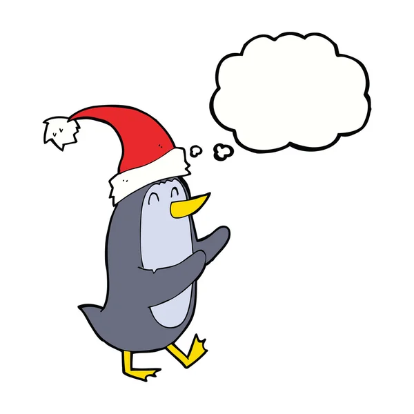 Pingüino de Navidad de dibujos animados con burbuja de pensamiento — Vector de stock
