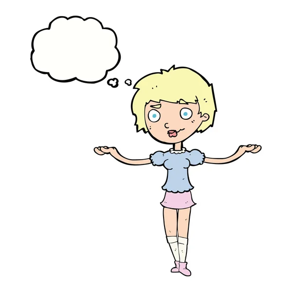 思考の泡で腕を広げている漫画の女性 — ストックベクタ