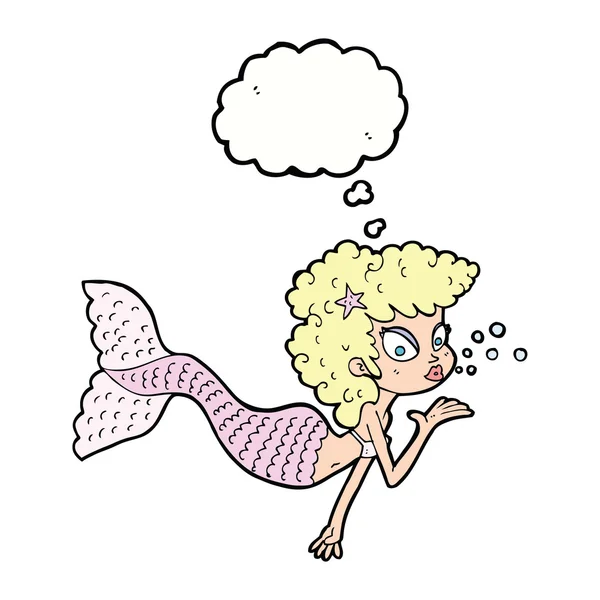 Karikatur Meerjungfrau pustet Kuss mit Gedankenblase — Stockvektor