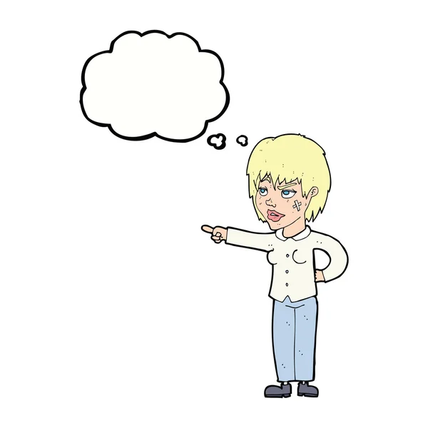 Femme dessin animé pointant avec bulle de pensée — Image vectorielle