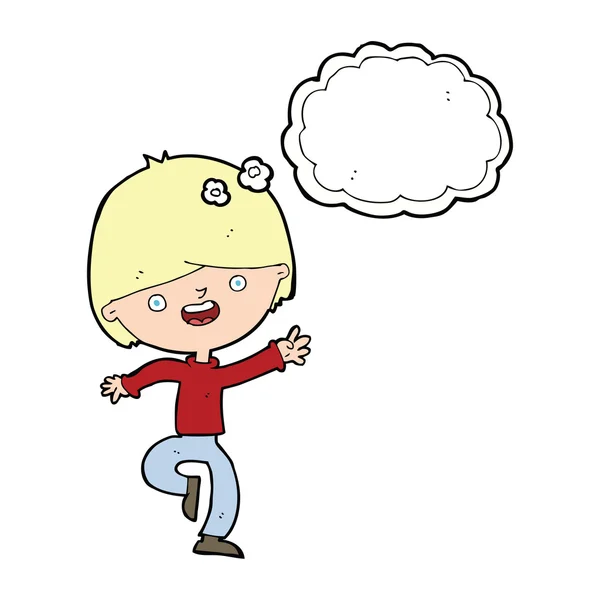 Kreslený šťastný chlapec tančí s myšlenkovou bublinou — Stockový vektor