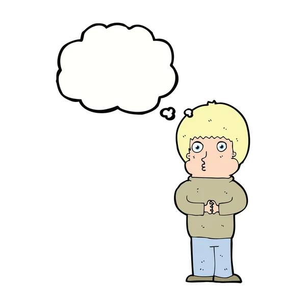 Cartoon verlegen jongen met gedachte zeepbel — Stockvector