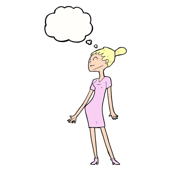 Mujer de dibujos animados en vestido con burbuja de pensamiento — Archivo Imágenes Vectoriales